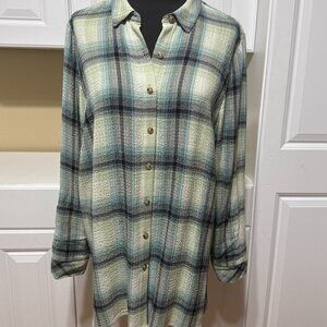 J Jill Womens L Button up Shirt Blue Green Plaid Rayon Blend Tunic Top